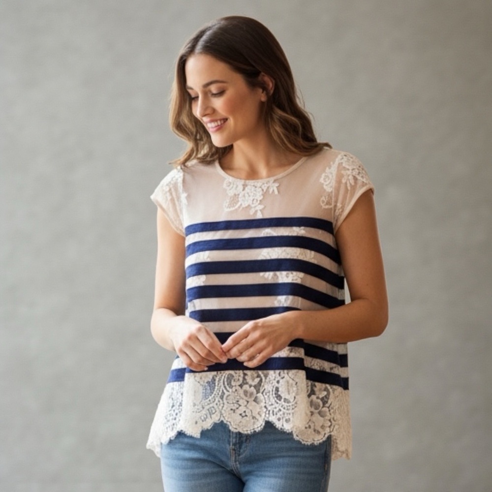 BCBGMaxazira Echo Lace Striped Top XXS